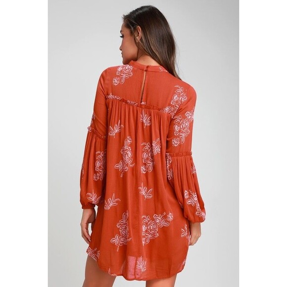 Lulus Women's Large Orange Floral Embroidered Long Sleeve Shift Dress - Picture 2 of 11